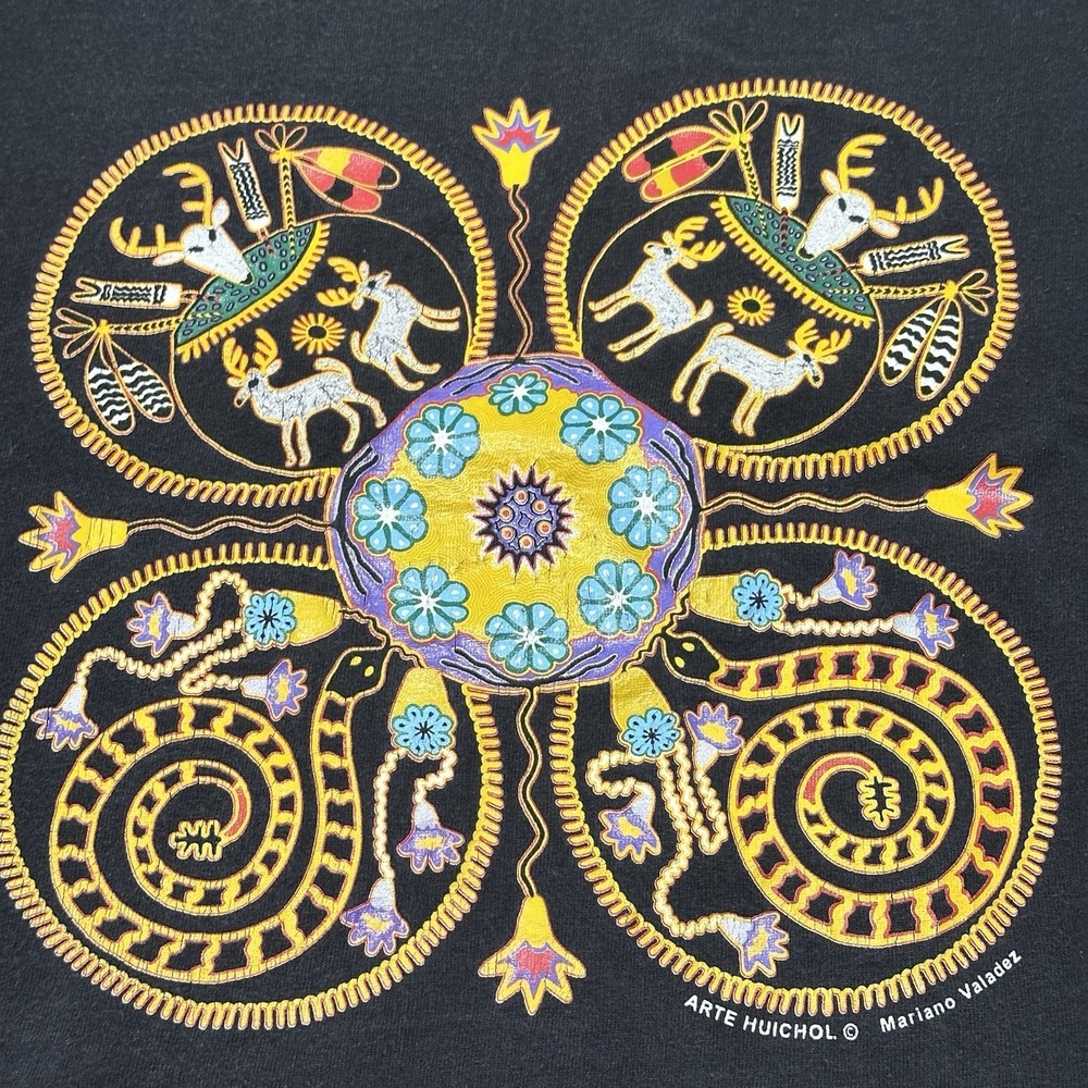 Vintage Arte Huichol Art Black T Shirt Sz Large Mariano Valadez Nature Animals